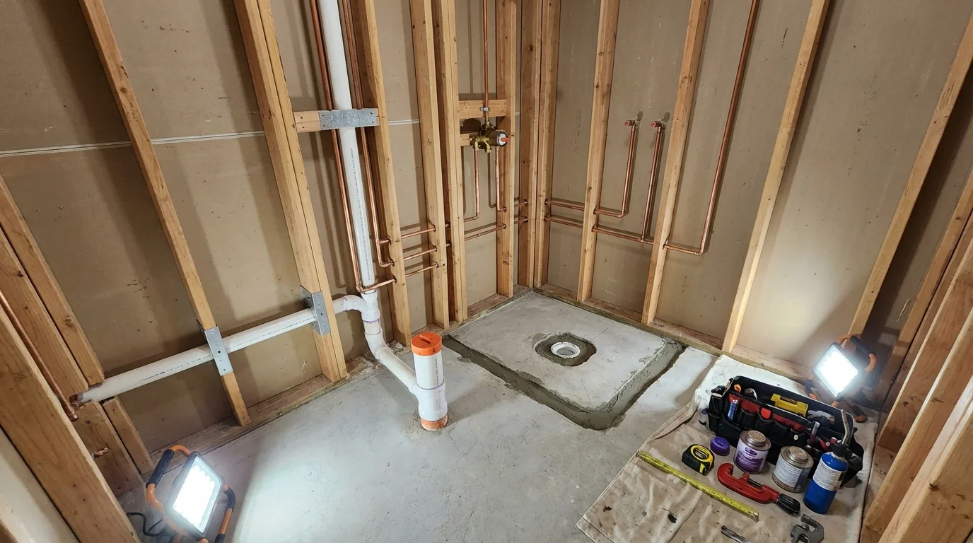 Bathroom rough-in plumbing during remodel by Johns Plumbing LLC in Denver