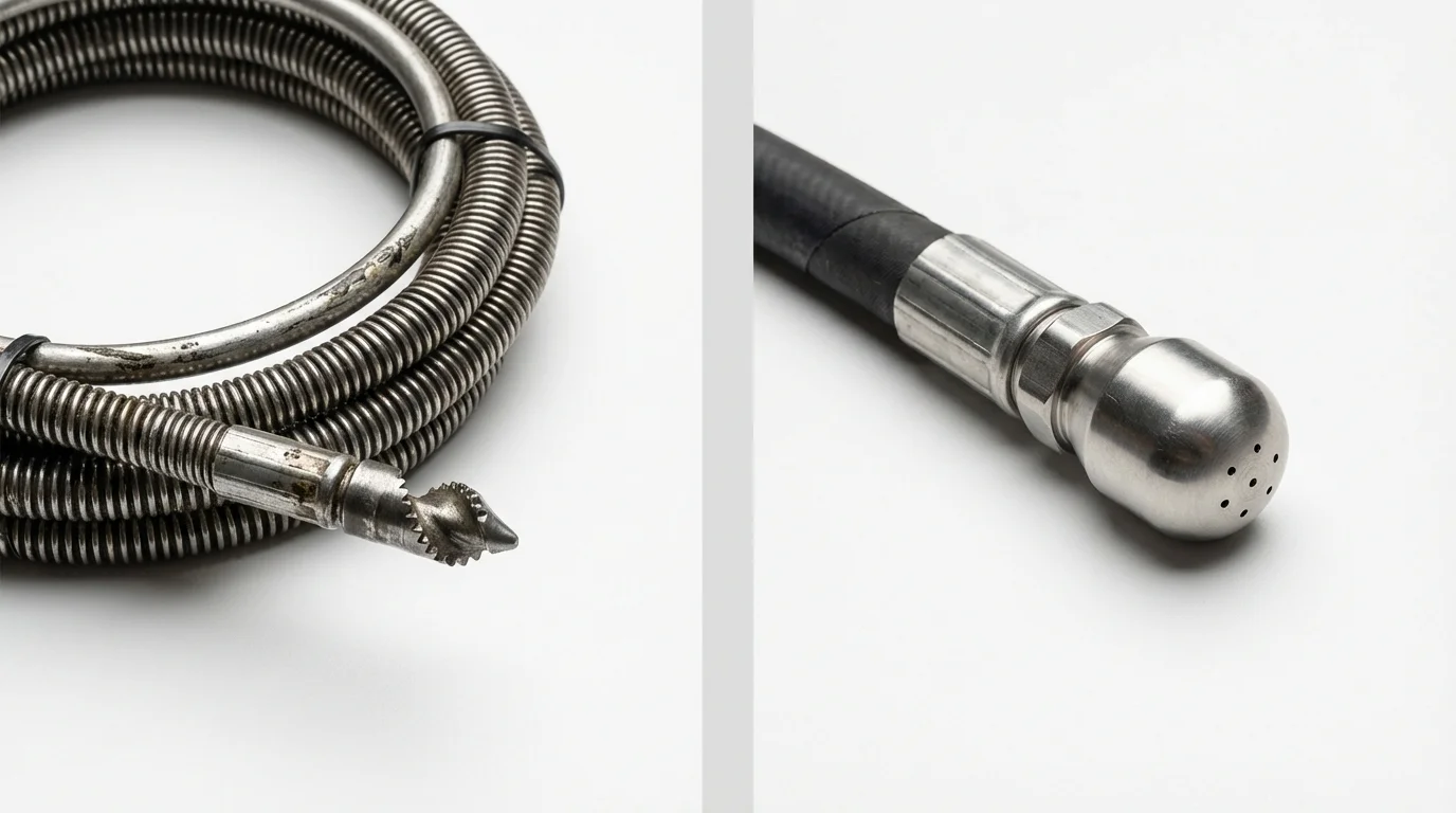 Drain snake cable and hydro jetting nozzle used for drain cleaning in Denver, NC