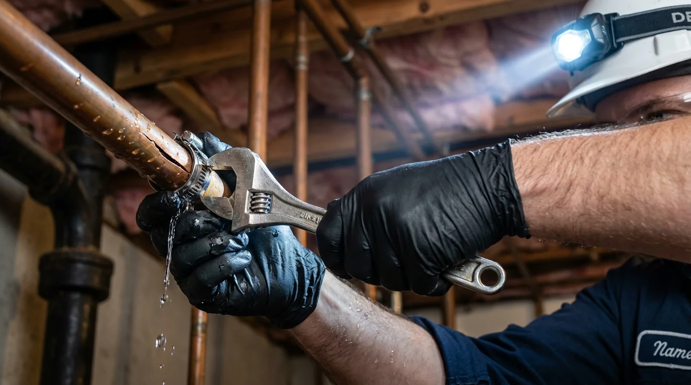 Emergency pipe clamp repair being performed by a Johns Plumbing LLC plumber in Denver