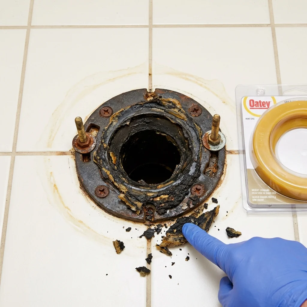 Failed wax ring showing water seepage at the base of a toilet in a Denver, NC home